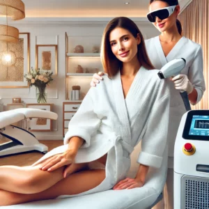 אישה במהלך טיפול הסרת שיער בלייזר בקליניקה מקצועית, עם מטפלת מוסמכת באווירה רגועה