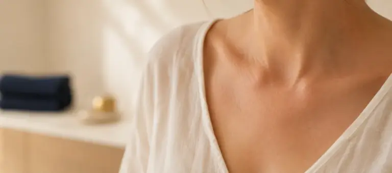 A woman’s décolletage and collarbone in a white linen shirt — laser hair removal on the chest and décolletage for women
