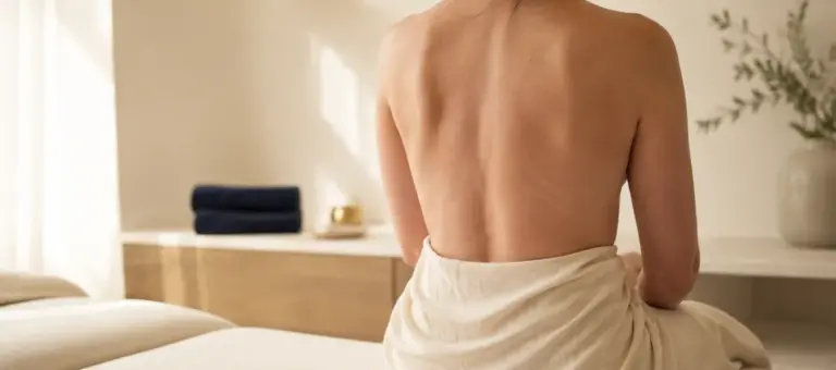 A seated woman’s lower back with a cream towel — laser hair removal on the lower back for women