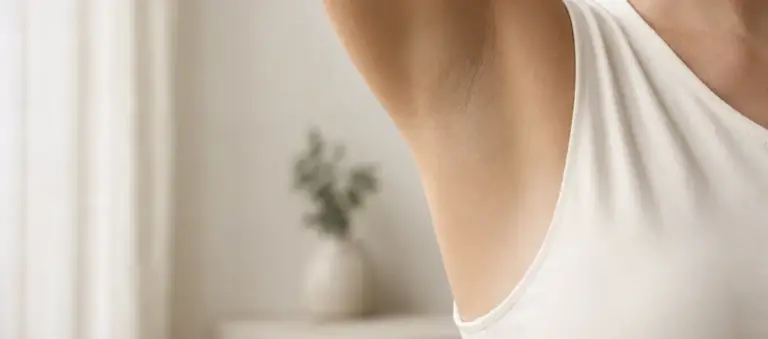 A woman in a white vest with a raised arm, underarm area visible