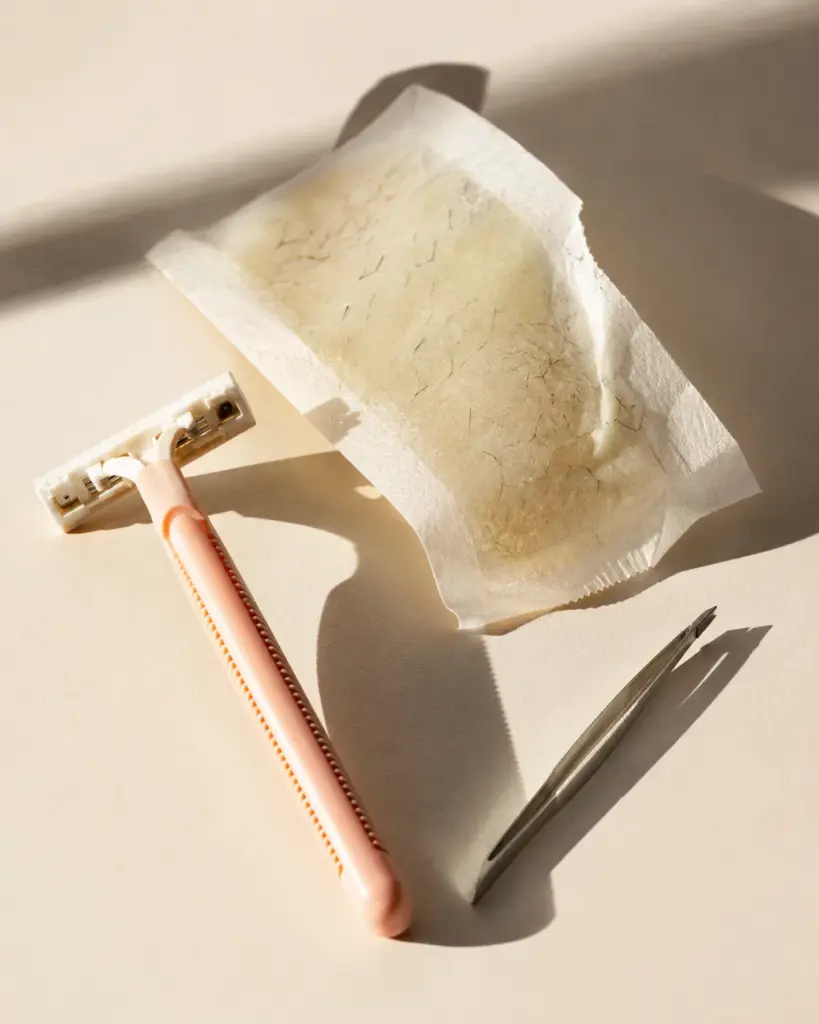 A razor, a wax strip and tweezers - traditional hair removal methods